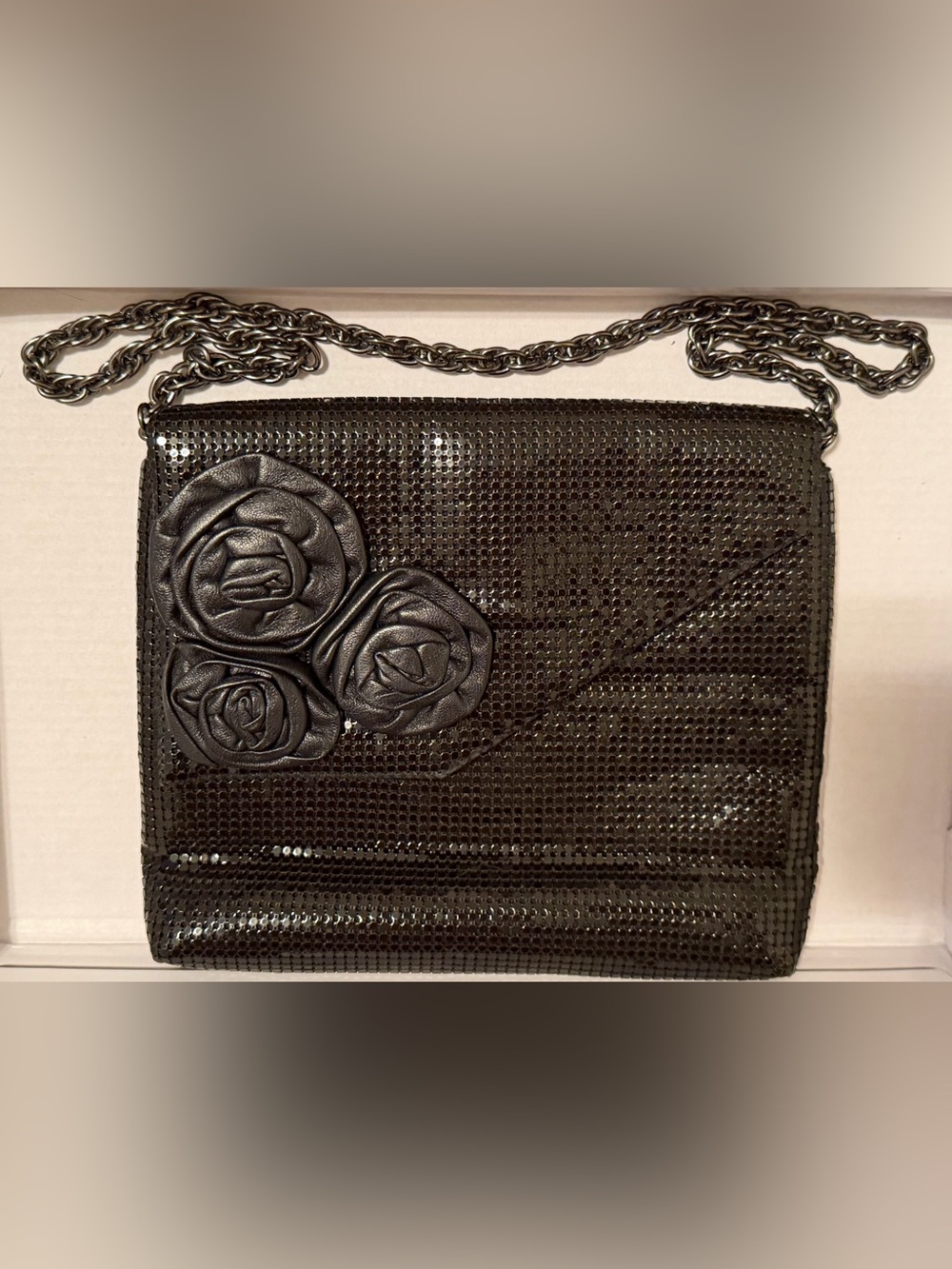 VTG Whiting & Davis Black Metal Mesh Evening Bag w/Chain Strap & Rosette Detail